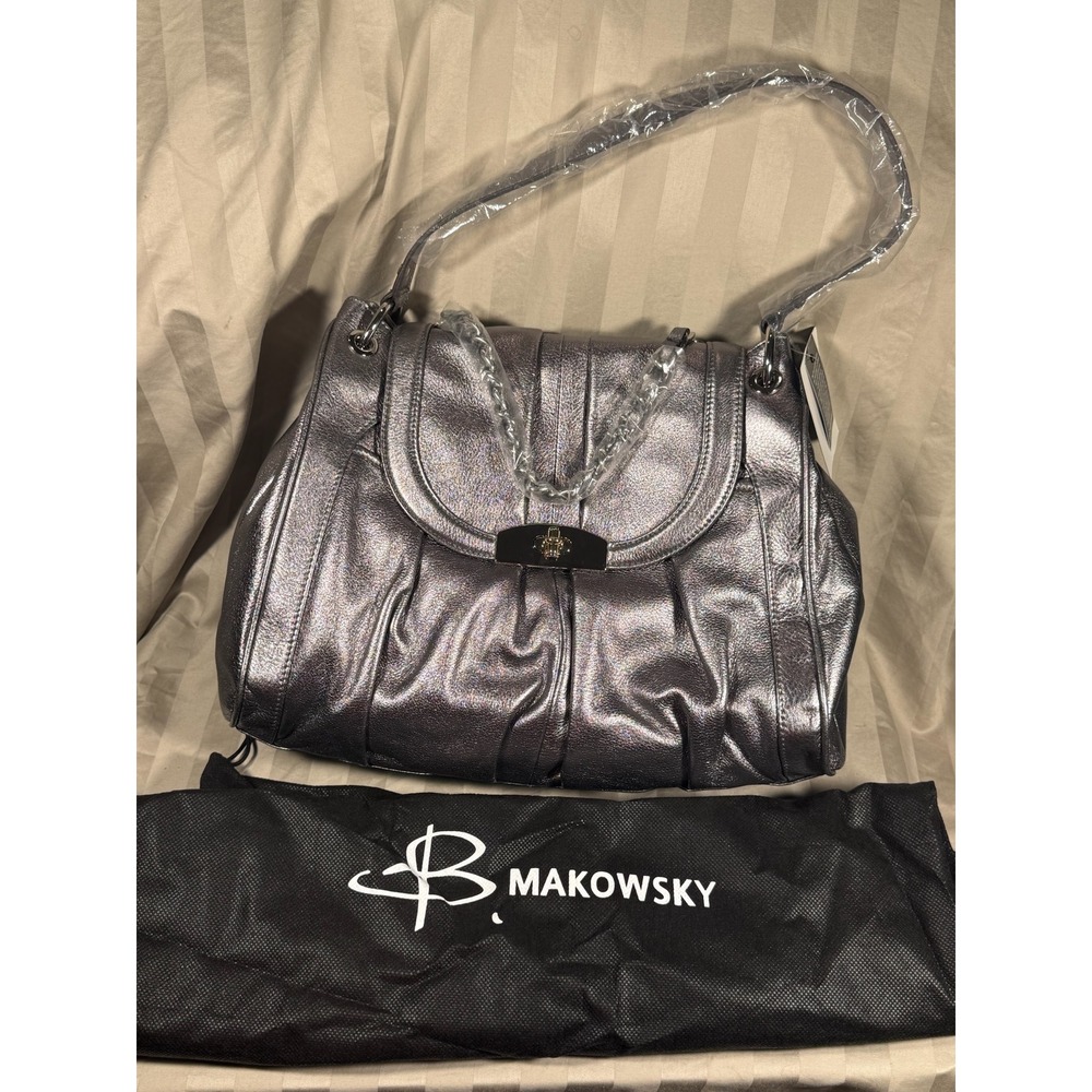 B. Makowsky Metallic Pewter Leather Shoulder Bag Silver Hardware Turn Lock NWT